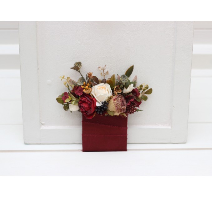 Wedding boutonnieres and wrist corsage in burgundy ivory white brown color scheme. Flower accessories. Pocket boutonniere. 5310