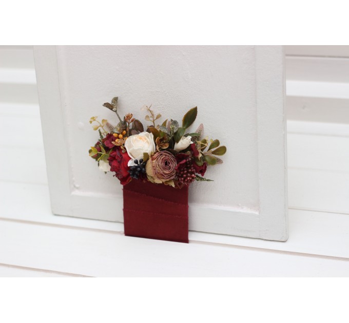 Wedding boutonnieres and wrist corsage in burgundy ivory white brown color scheme. Flower accessories. Pocket boutonniere. 5310