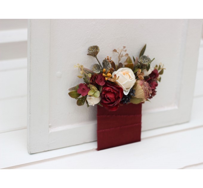 Wedding boutonnieres and wrist corsage in burgundy ivory white brown color scheme. Flower accessories. Pocket boutonniere. 5310