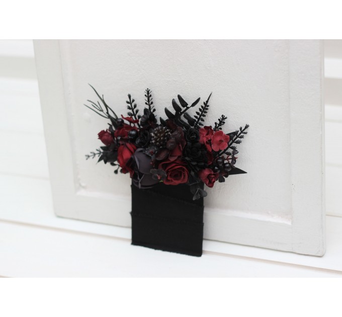 Wedding boutonnieres and wrist corsage in black and burgundy color scheme. Flower accessories. Pocket boutonniere. 5325