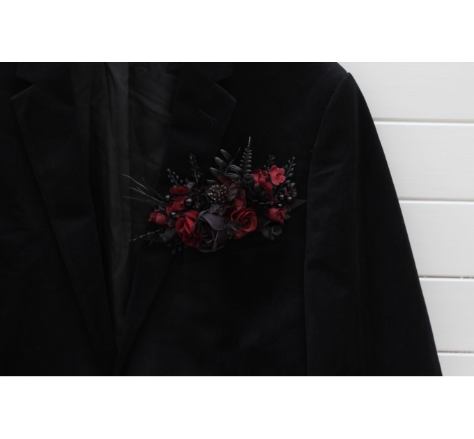 Wedding boutonnieres and wrist corsage in black and burgundy color scheme. Flower accessories. Pocket boutonniere. 5325