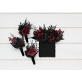 Wedding boutonnieres and wrist corsage in black and burgundy color scheme. Flower accessories. Pocket boutonniere. 5325