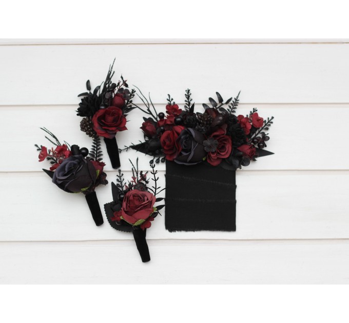 Wedding boutonnieres and wrist corsage in black and burgundy color scheme. Flower accessories. Pocket boutonniere. 5325