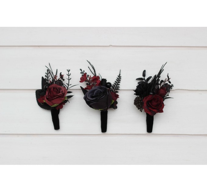 Wedding boutonnieres and wrist corsage in black and burgundy color scheme. Flower accessories. Pocket boutonniere. 5325