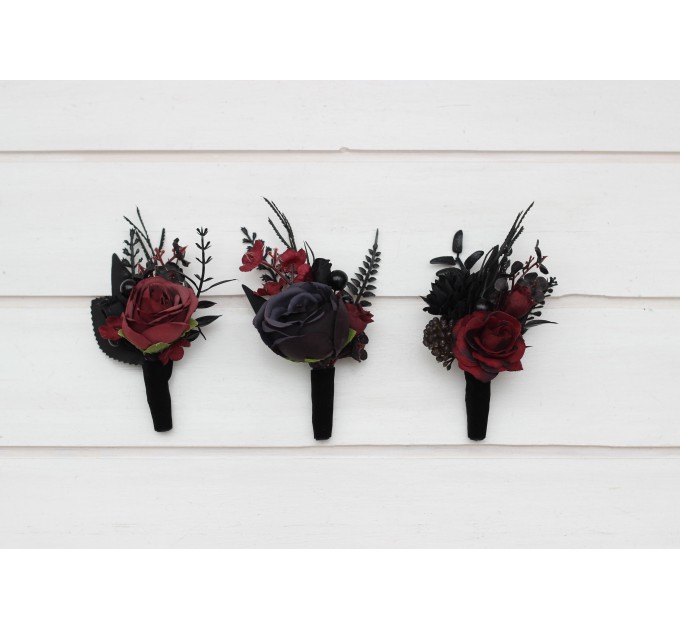 Wedding boutonnieres and wrist corsage in black and burgundy color scheme. Flower accessories. Pocket boutonniere. 5325