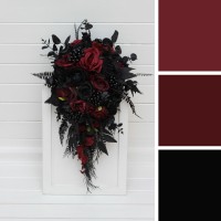 Bouquets in black and burgundy color scheme. Bridal bouquet. Faux bouquet. Bridesmaid bouquet. Cascading bouquet. 5325