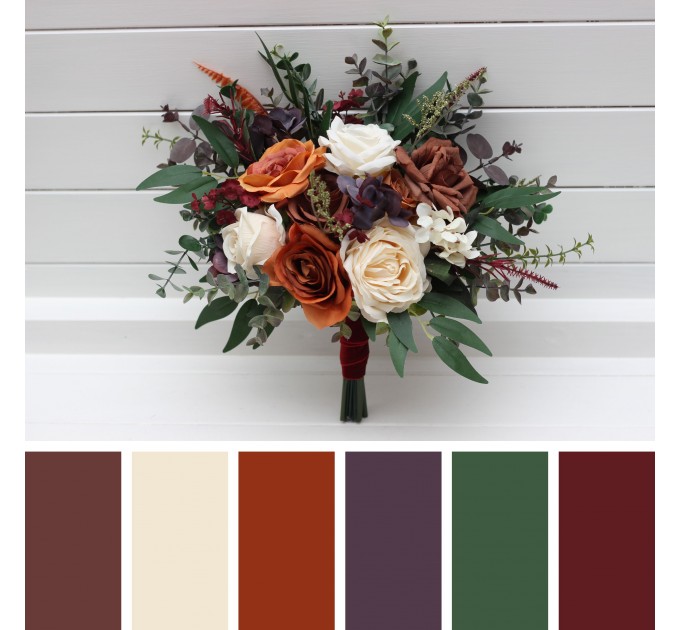 Bridesmaid Bouquet in Brown, Cream, Purple, Rust & Burgundy | Fall Wedding Faux Bouquet