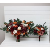 Bouquets in burnt orange burgundy cream color theme. Bridal bouquet. Faux bouquet. Bridesmaid bouquet. 5323