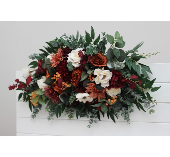 Flower Arch Arrangement in Burnt Orange, Burgundy & Cream | Faux Floral Archway for Wedding