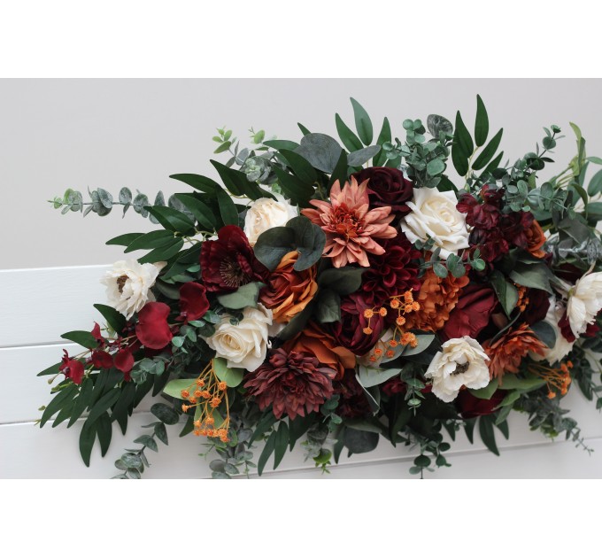 Flower Arch Arrangement in Burnt Orange, Burgundy & Cream | Faux Floral Archway for Wedding