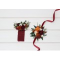 Pocket flowers. Pocket boutonniere in burnt orange burgundy cream color scheme. Flower accessories. Square flowers. Wrist corsage. Mother corsage. 5323