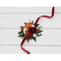 Pocket flowers. Pocket boutonniere in burnt orange burgundy cream color scheme. Flower accessories. Square flowers. Wrist corsage. Mother corsage.  5323