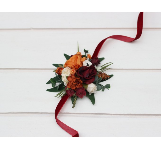 Pocket flowers. Pocket boutonniere in burnt orange burgundy cream color scheme. Flower accessories. Square flowers. Wrist corsage. Mother corsage. 5323