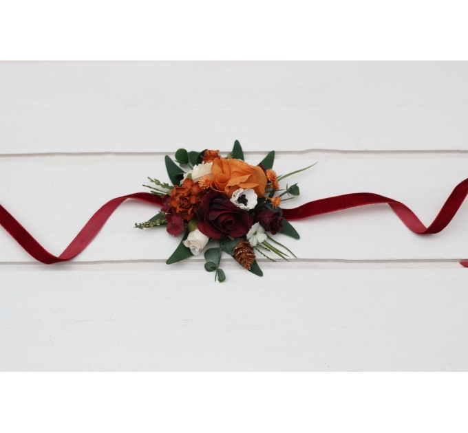 Pocket flowers. Pocket boutonniere in burnt orange burgundy cream color scheme. Flower accessories. Square flowers. Wrist corsage. Mother corsage. 5323