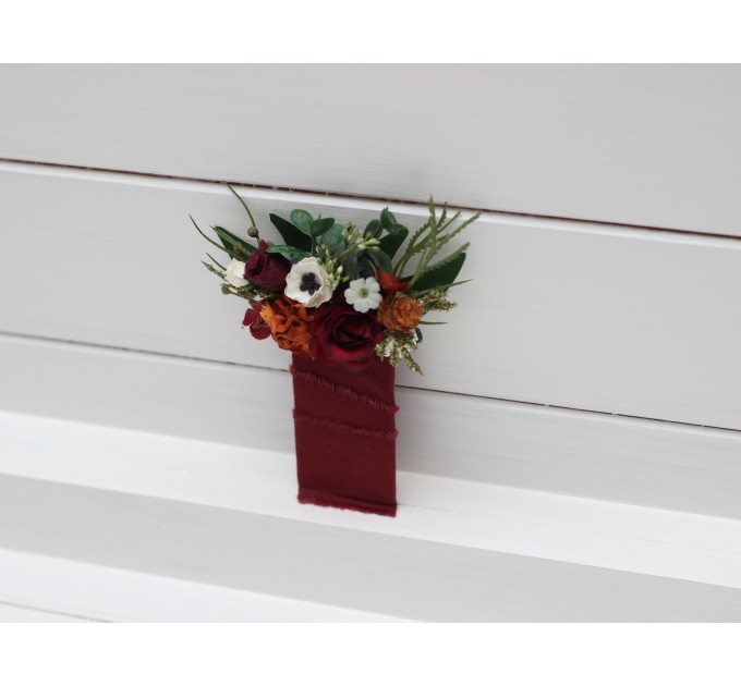 Pocket flowers. Pocket boutonniere in burnt orange burgundy cream color scheme. Flower accessories. Square flowers. Wrist corsage. Mother corsage. 5323