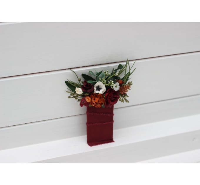 Pocket flowers. Pocket boutonniere in burnt orange burgundy cream color scheme. Flower accessories. Square flowers. Wrist corsage. Mother corsage. 5323