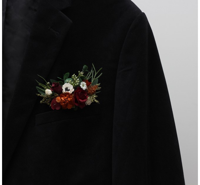 Pocket flowers. Pocket boutonniere in burnt orange burgundy cream color scheme. Flower accessories. Square flowers. Wrist corsage. Mother corsage. 5323