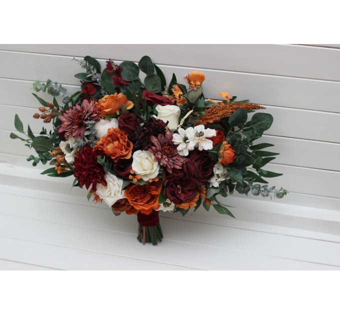 Wedding Bouquets in Burnt Orange, Burgundy & Cream | Faux Bridal & Bridesmaid Bouquets