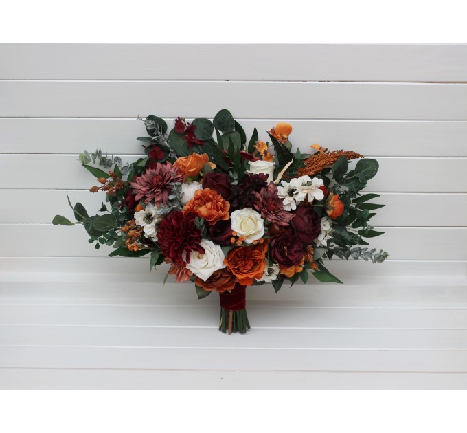 Wedding Bouquets in Burnt Orange, Burgundy & Cream | Faux Bridal & Bridesmaid Bouquets