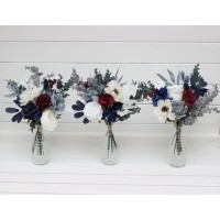 Mini bouquets for vases. White burgundy navy blue dusty blue gray flowers for wedding decor. Centerpiece. 5063