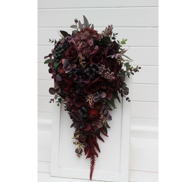 Wedding Bouquets in Deep Purple & Burgundy | Cascading Faux Bridal & Bridesmaid Bouquets