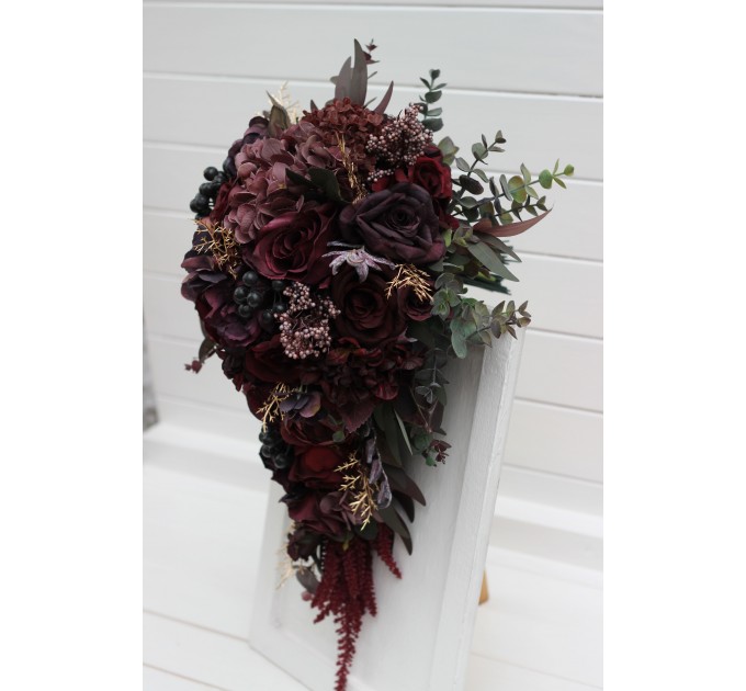 Wedding Bouquets in Deep Purple & Burgundy | Cascading Faux Bridal & Bridesmaid Bouquets