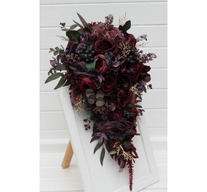 Wedding Bouquets in Deep Purple & Burgundy | Cascading Faux Bridal & Bridesmaid Bouquets