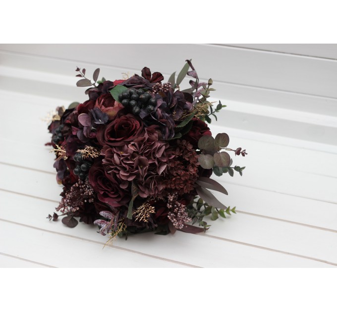 Wedding Bouquets in Deep Purple & Burgundy | Cascading Faux Bridal & Bridesmaid Bouquets