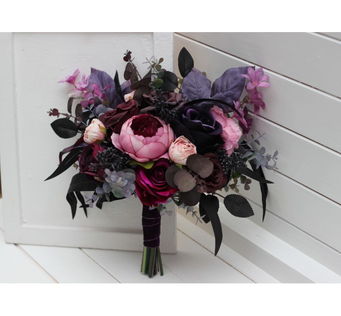Wedding Bouquets in Deep Purple, Fuchsia & Candy Pink | Cascading Faux Bridal & Bridesmaid Bouquets