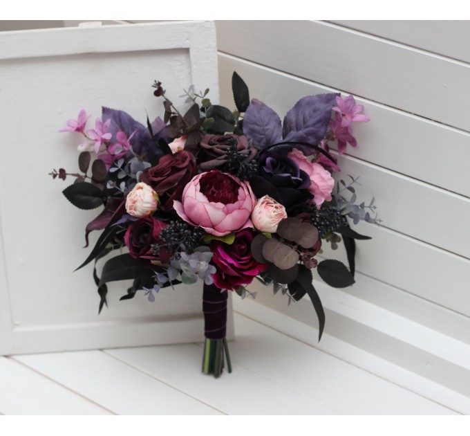 Wedding Bouquets in Deep Purple, Fuchsia & Candy Pink | Cascading Faux Bridal & Bridesmaid Bouquets