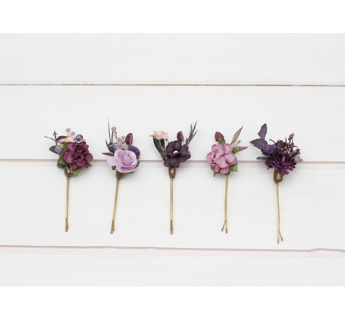 Set of 5 bobby pins in purple lilac color scheme. Hair accessories. Flower accessories for wedding. 5326