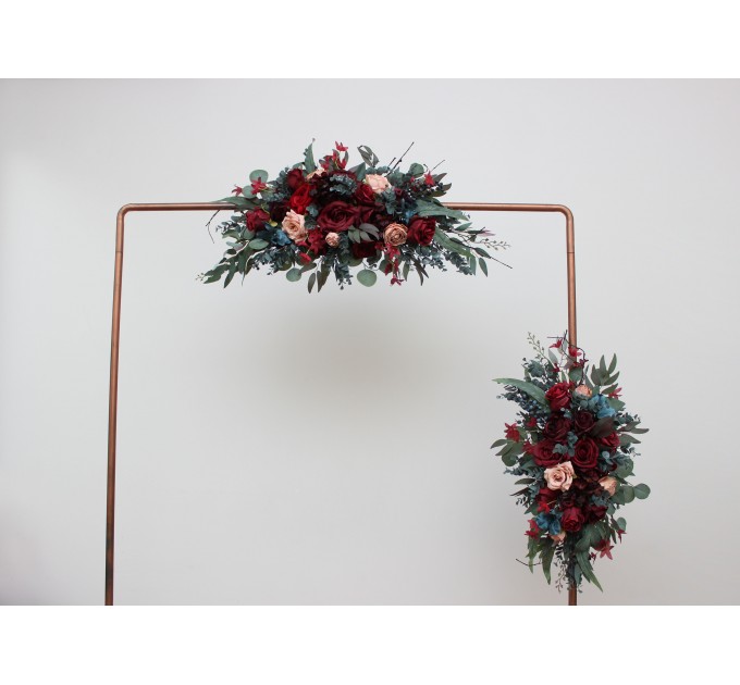 Flower Arch Arrangement in Burgundy, Red, Beige, Teal & Blue | Faux Floral Archway for Wedding