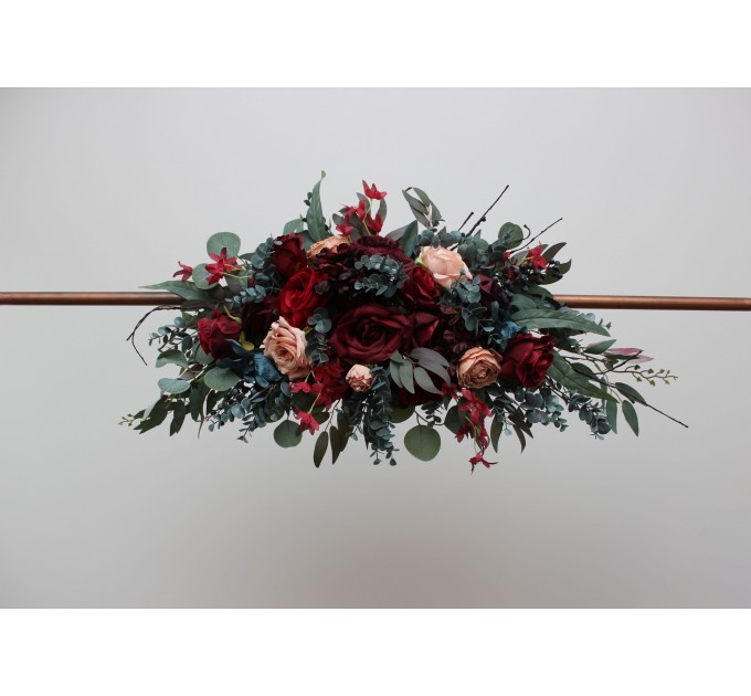 Flower Arch Arrangement in Burgundy, Red, Beige, Teal & Blue | Faux Floral Archway for Wedding
