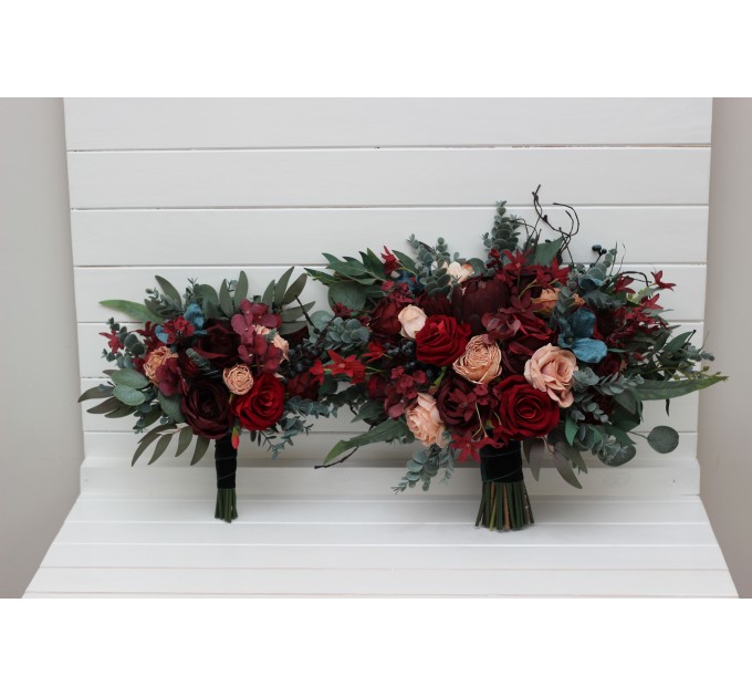 Wedding Bouquets in Burgundy, Red, Beige, Teal & Blue | Faux Bridal & Bridesmaid Bouquets