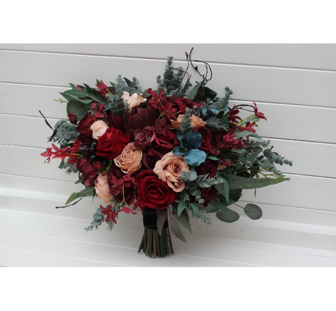 Wedding Bouquets in Burgundy, Red, Beige, Teal & Blue | Faux Bridal & Bridesmaid Bouquets