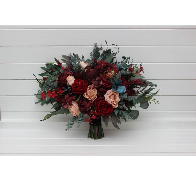Wedding Bouquets in Burgundy, Red, Beige, Teal & Blue | Faux Bridal & Bridesmaid Bouquets