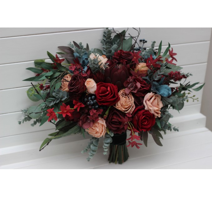 Wedding Bouquets in Burgundy, Red, Beige, Teal & Blue | Faux Bridal & Bridesmaid Bouquets