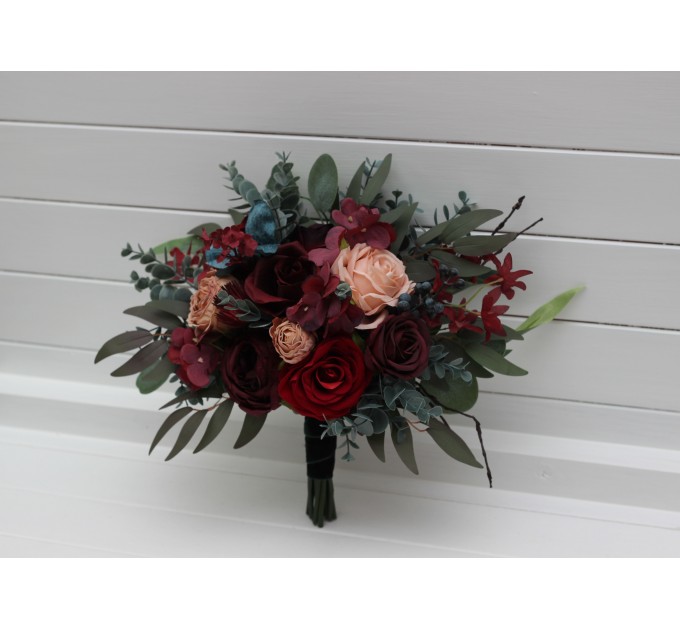 Wedding Bouquets in Burgundy, Red, Beige, Teal & Blue | Faux Bridal & Bridesmaid Bouquets