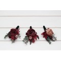 Wedding boutonnieres and wrist corsage in burgundy beige color scheme. Flower accessories. 5327