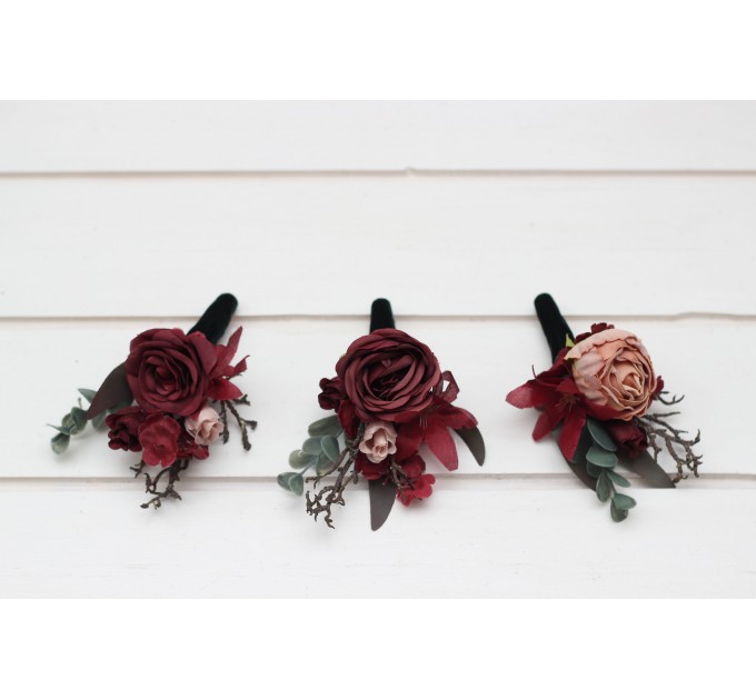 Wedding boutonnieres and wrist corsage in burgundy beige color scheme. Flower accessories. 5327