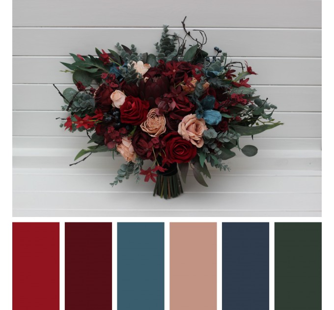 Wedding Bouquets in Burgundy, Red, Beige, Teal & Blue | Faux Bridal & Bridesmaid Bouquets