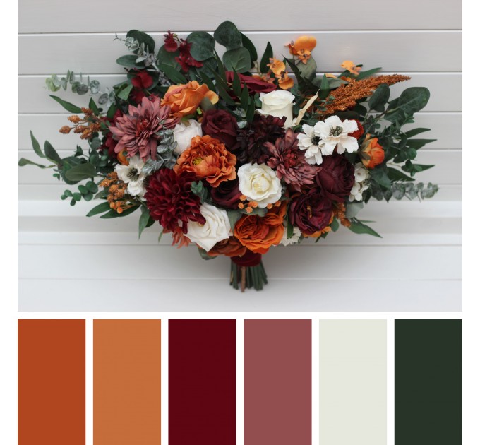 Wedding Bouquets in Burnt Orange, Burgundy & Cream | Faux Bridal & Bridesmaid Bouquets