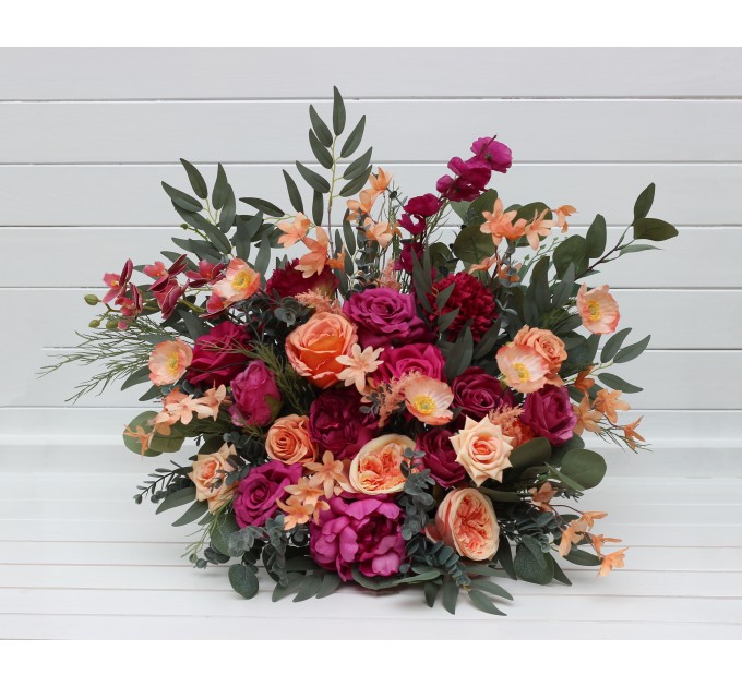 Standing flowers in magenta peach coral color scheme. Aisle flowers. Wedding decorations. Floor flowers. 5295