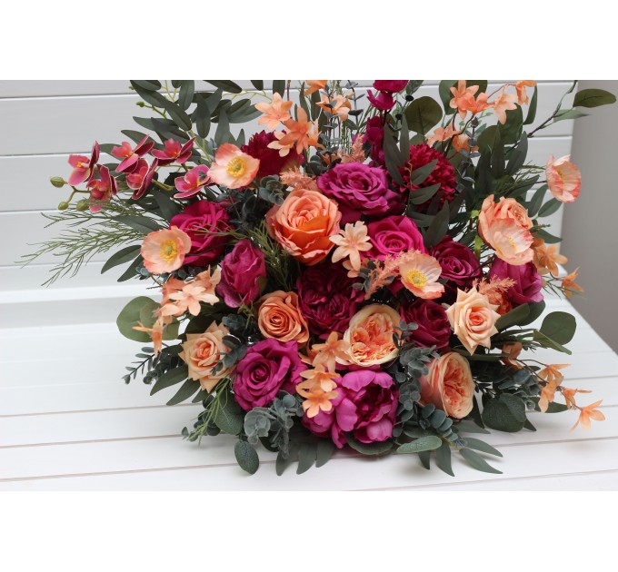 Standing flowers in magenta peach coral color scheme. Aisle flowers. Wedding decorations. Floor flowers. 5295