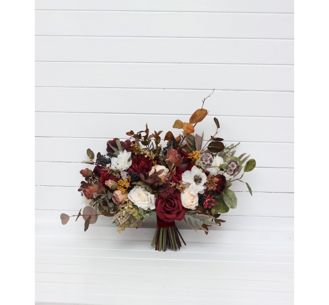 Cascade and Classic Bridal Bouquets – Burgundy, Ivory, and Brown Faux Flowers