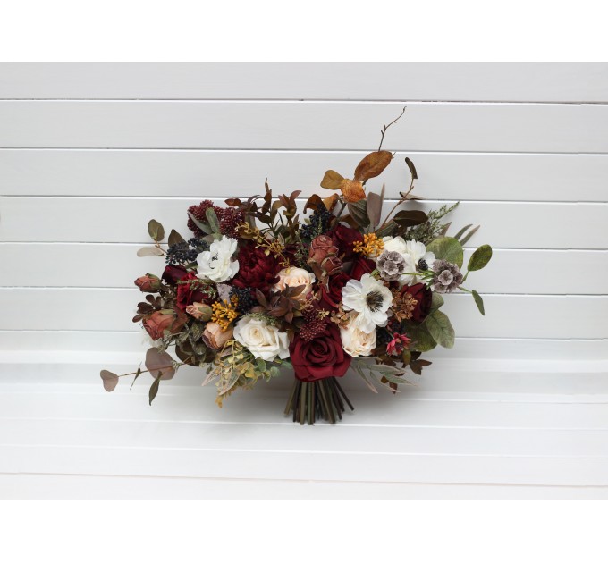 Cascade and Classic Bridal Bouquets – Burgundy, Ivory, and Brown Faux Flowers