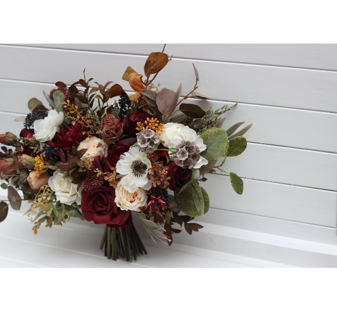 Cascade and Classic Bridal Bouquets – Burgundy, Ivory, and Brown Faux Flowers