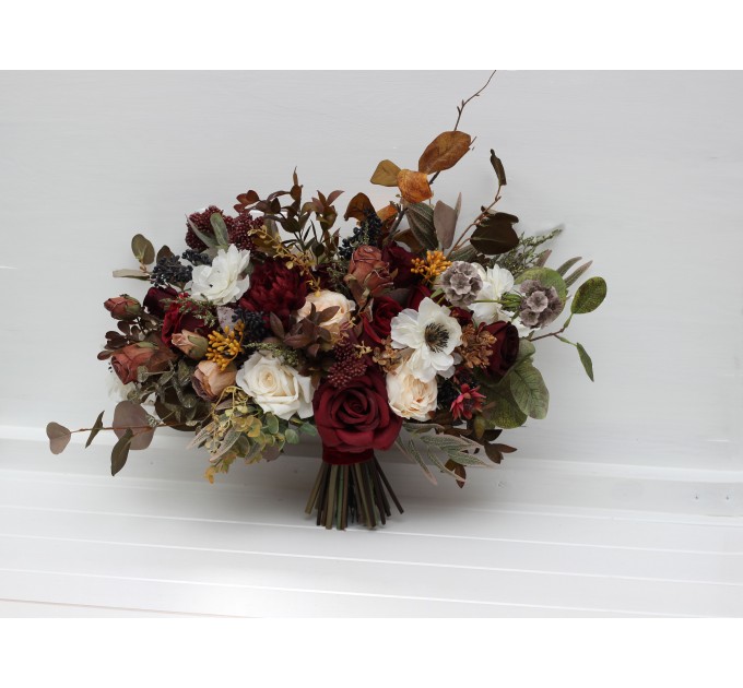 Cascade and Classic Bridal Bouquets – Burgundy, Ivory, and Brown Faux Flowers