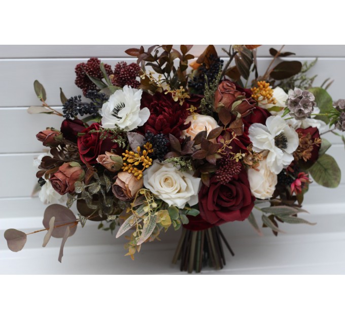 Cascade and Classic Bridal Bouquets – Burgundy, Ivory, and Brown Faux Flowers