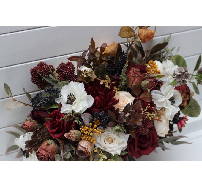 Cascade and Classic Bridal Bouquets – Burgundy, Ivory, and Brown Faux Flowers